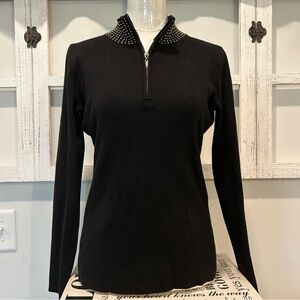 Rhinestone Neckline Black Sweater Soft Knit Mock Neck 1/4 Zip Long Sleeve Top M